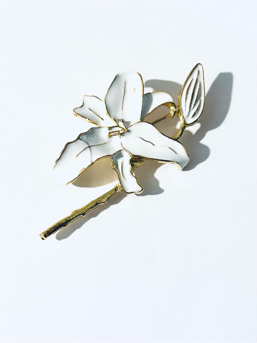 White Enamel Floral Brooch - Gold Accent, Floral, Bridal, Formal, Jewelry